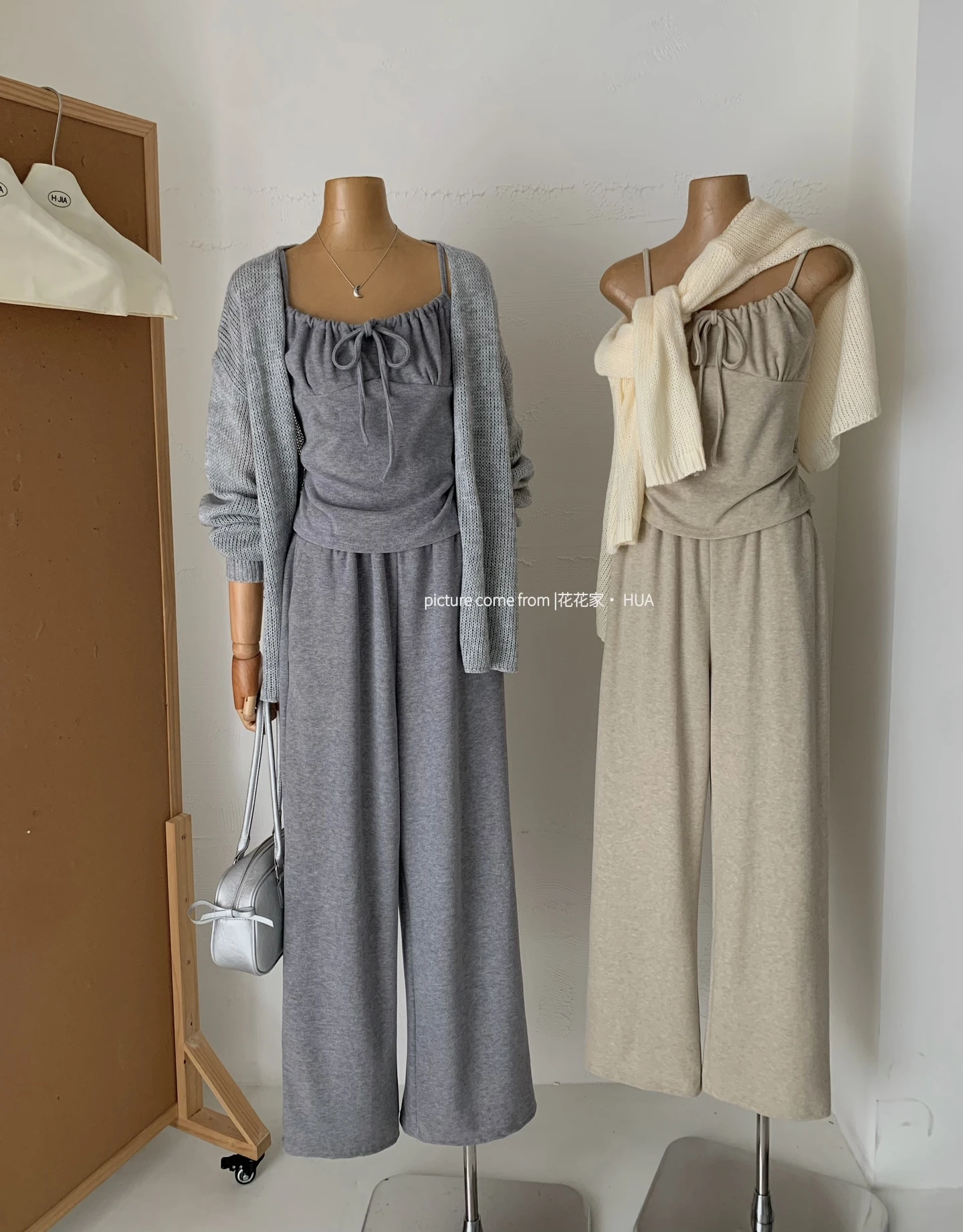 Ying Fashion Shop 溫柔風長袖針織衫 顯瘦抽繩 皺褶吊帶上衣 寬鬆闊腿褲 三件式套裝