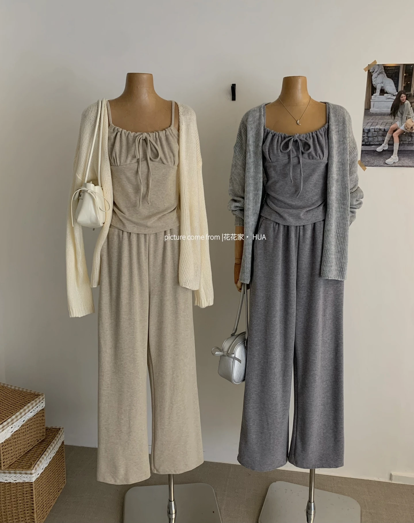 Ying Fashion Shop 溫柔風長袖針織衫 顯瘦抽繩 皺褶吊帶上衣 寬鬆闊腿褲 三件式套裝