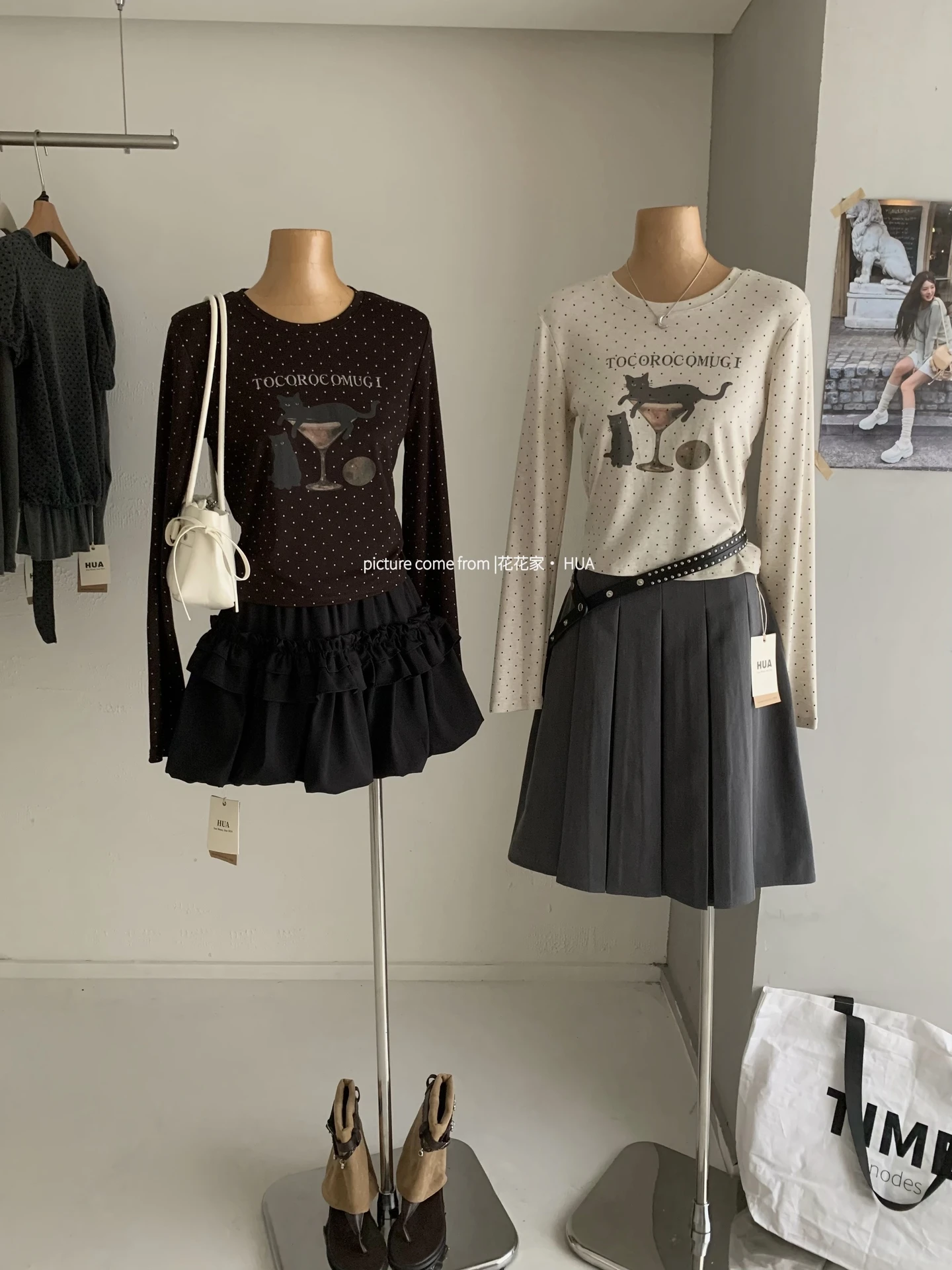 Ying Fashion Shop 點點貓咪印花圖案 圓領長袖上衣 修身顯瘦 打底上衣 印花上衣