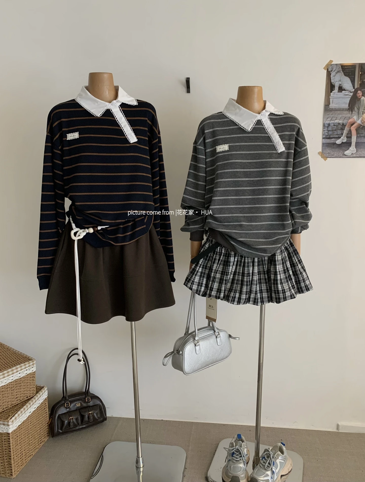 Ying Fashion Shop 復古減齡 花邊條紋拼接 寬鬆百搭 POLO領 休閒條紋上衣 薄款長袖上衣