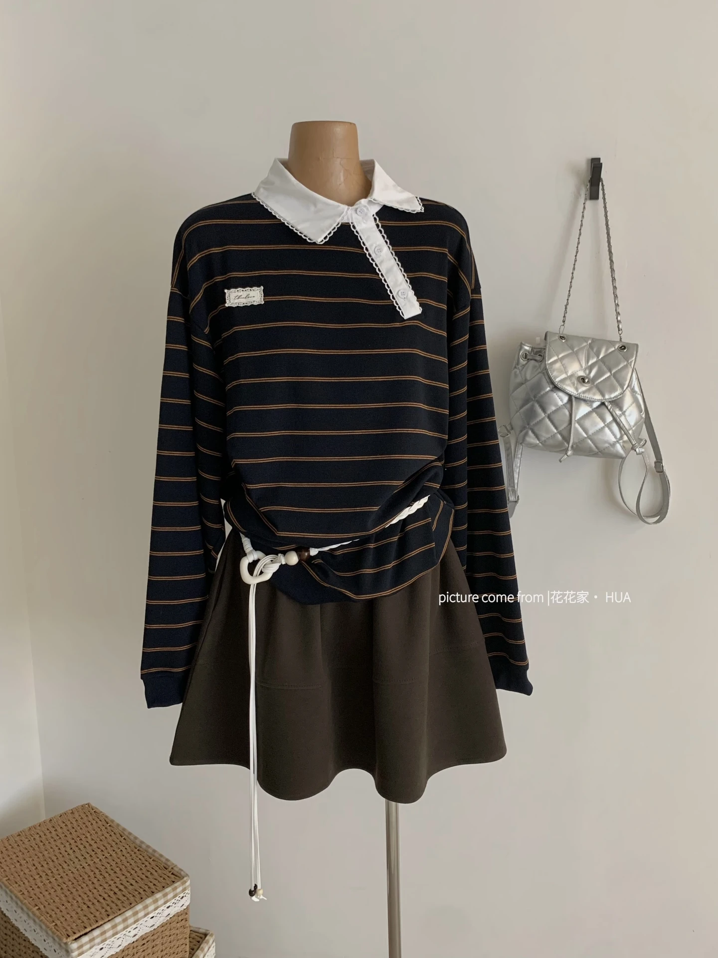 Ying Fashion Shop 復古減齡 花邊條紋拼接 寬鬆百搭 POLO領 休閒條紋上衣 薄款長袖上衣