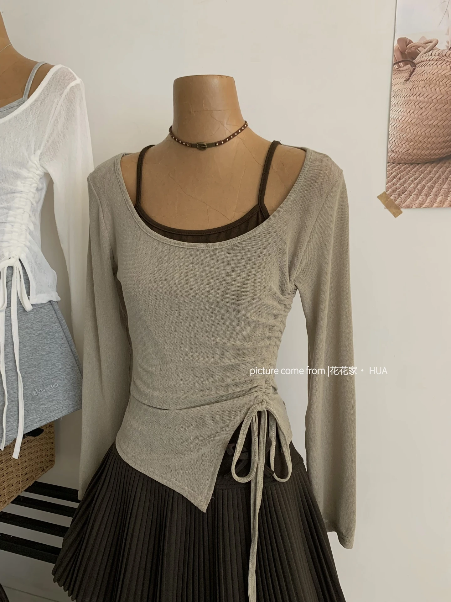 Ying Fashion Shop 美拉德復古拚色 假兩件吊帶打底衫 甜辣妹 開衫上衣 抽繩上衣 假兩件套裝