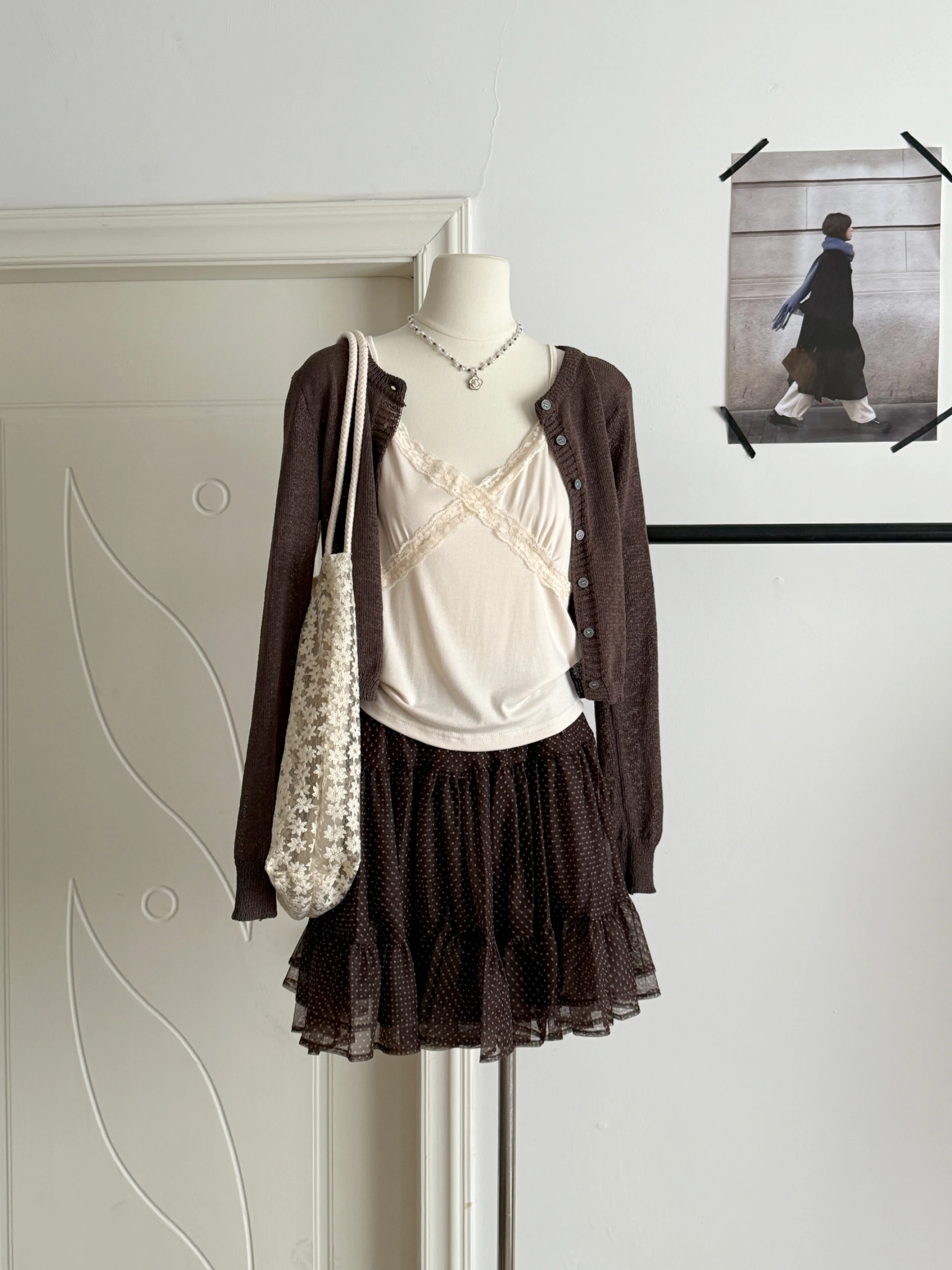 Ying Fashion Shop 復古深咖色 點點蛋糕裙 蕾絲吊帶上衣 溫柔針織衫 三件式套裝