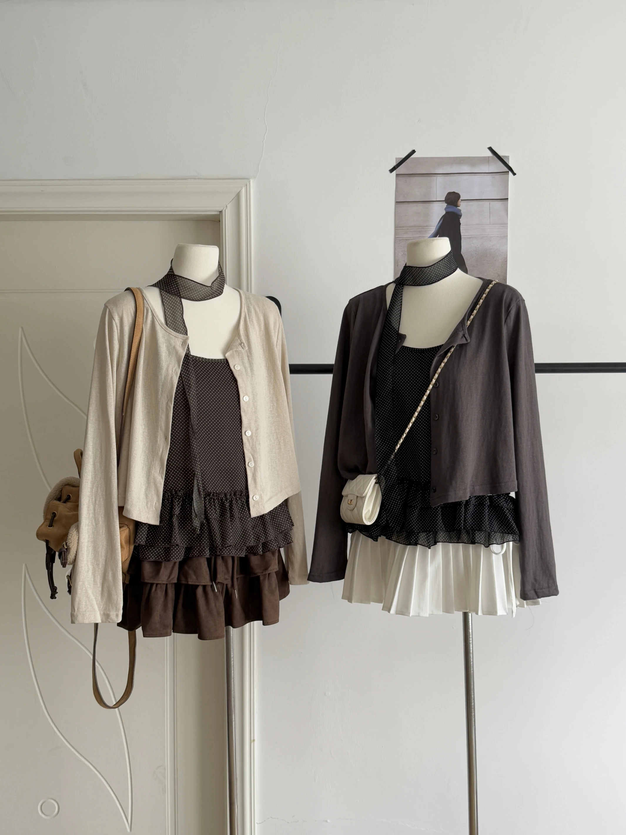 Ying Fashion Shop 早秋點點 木耳邊百搭吊帶上衣 針織開衫外套 附圍脖 兩件式套裝