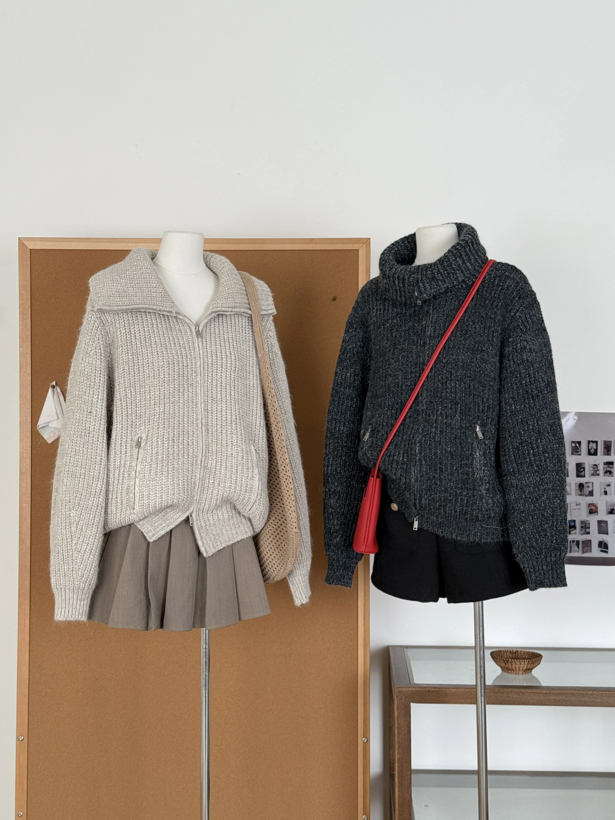 Ying Fashion Shop 重磅粗針織 羊毛保暖拉鍊外套 柔軟針織外套 翻領針織外套