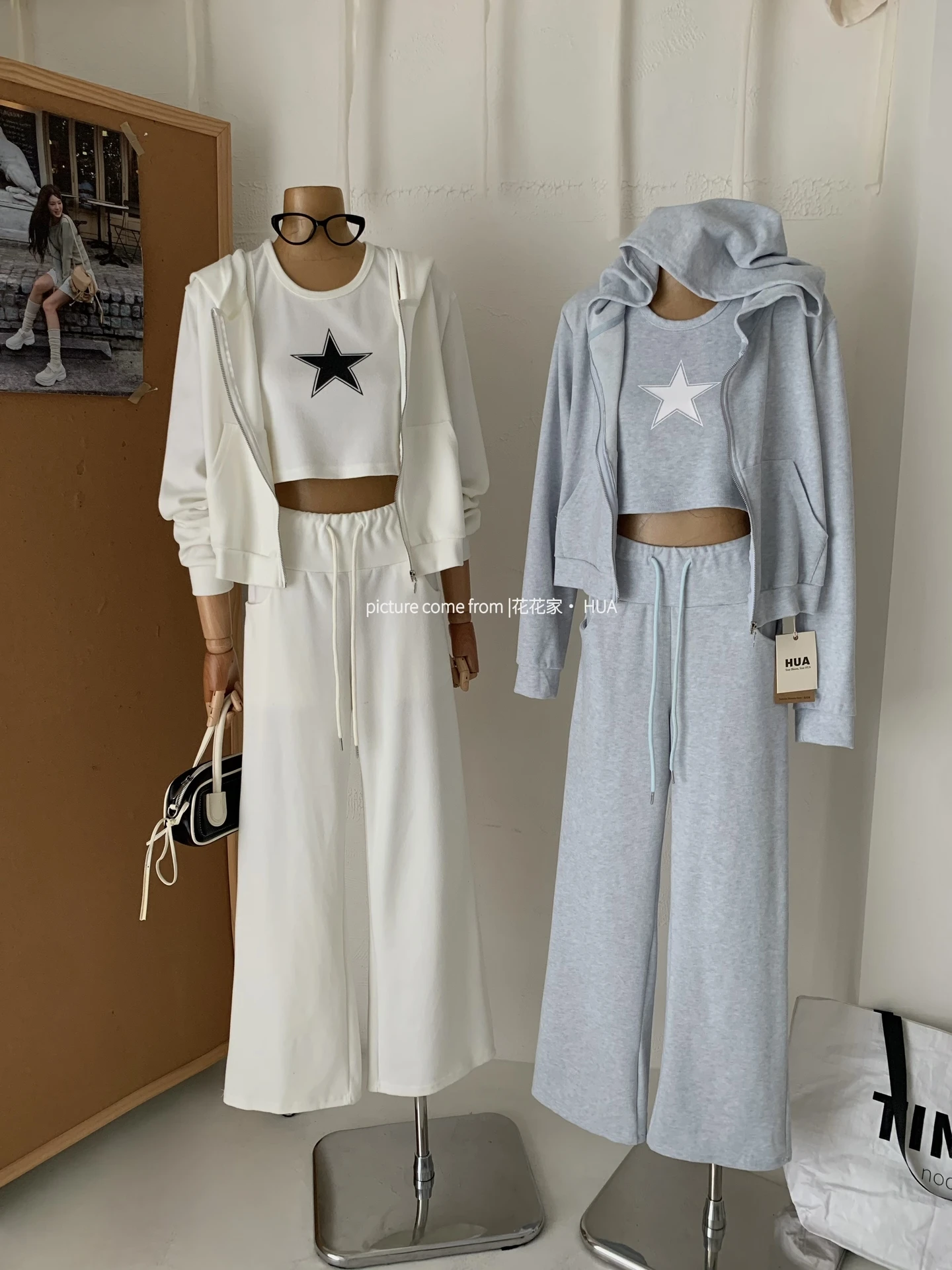 Ying Fashion Shop 連帽寬鬆拉鍊外套 可愛星星圖印花背心 休閒闊腿褲三件式套裝