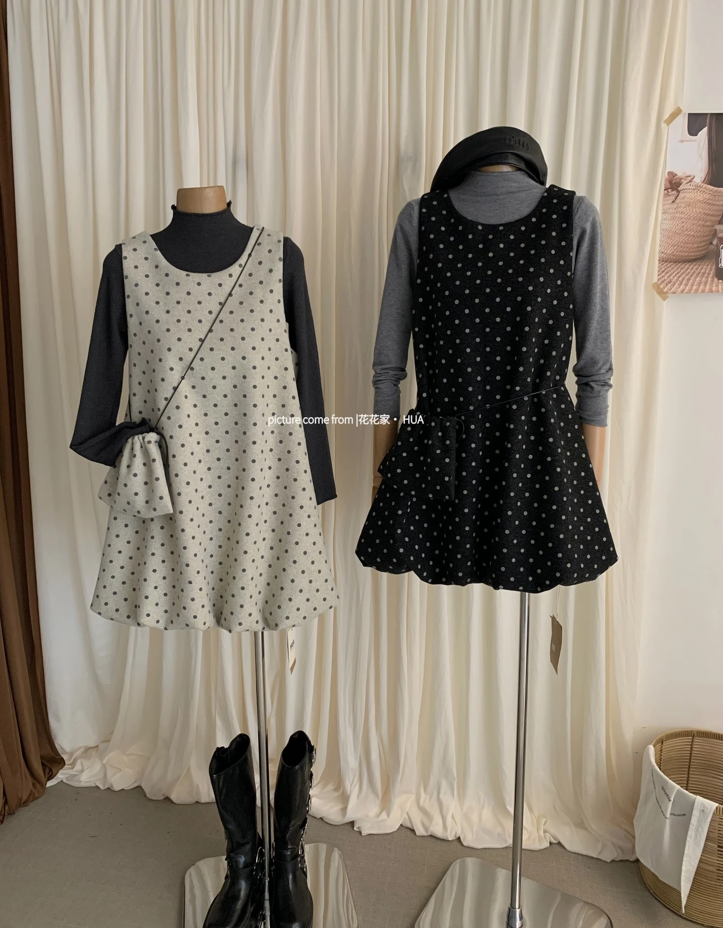 Ying Fashion Shop 純色顯瘦 打底長袖上衣 點點疊穿花苞裙 miu系背心連衣裙 兩件式套裝