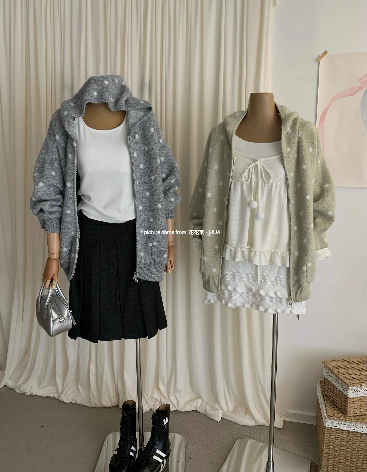 Ying Fashion Shop 慵懶風 點點連帽開衫外套 寬鬆百搭 針織連帽外套