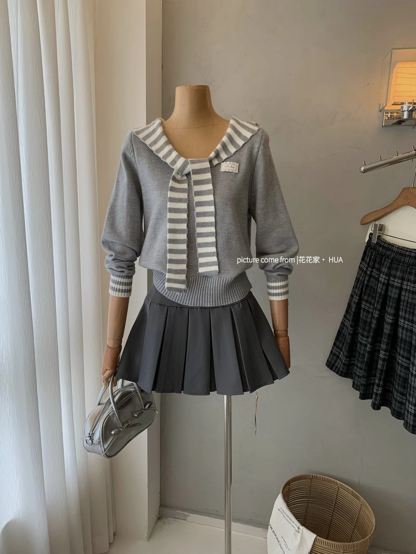 Ying Fashion Shop 可愛學院風 海軍領針織衫 拼色條紋長袖上衣 修身顯瘦 長袖上衣