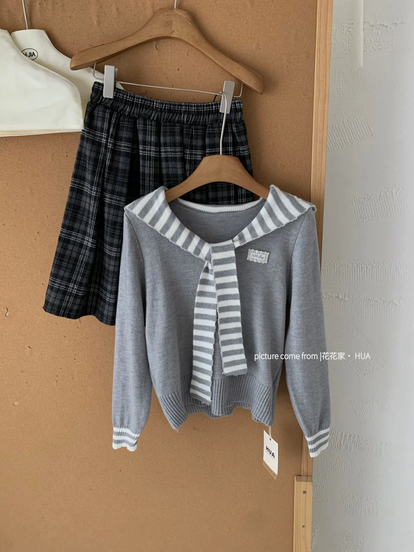 Ying Fashion Shop 可愛學院風 海軍領針織衫 拼色條紋長袖上衣 修身顯瘦 長袖上衣