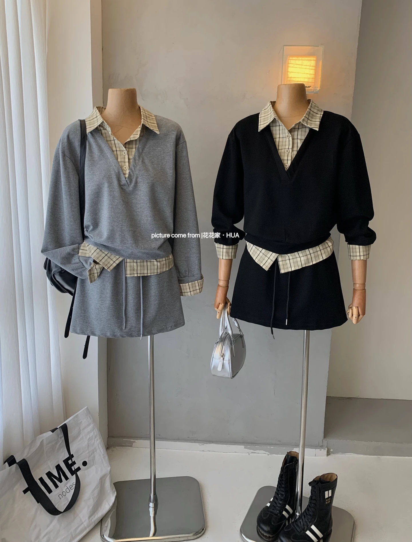 Ying Fashion Shop 可愛拼接格紋上衣 翻領襯衫假兩件 百搭顯瘦半身裙 兩件式套裝