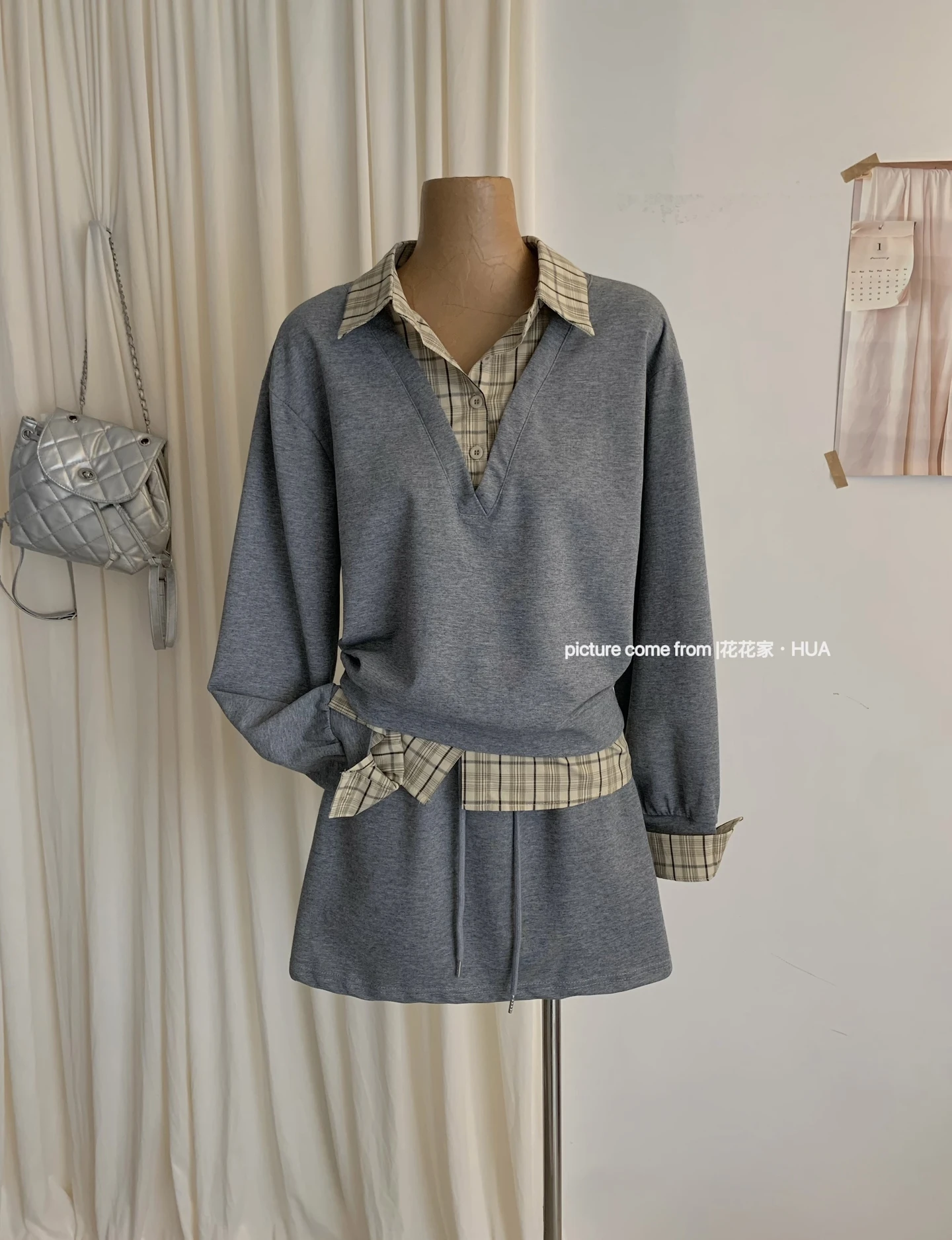 Ying Fashion Shop 可愛拼接格紋上衣 翻領襯衫假兩件 百搭顯瘦半身裙 兩件式套裝