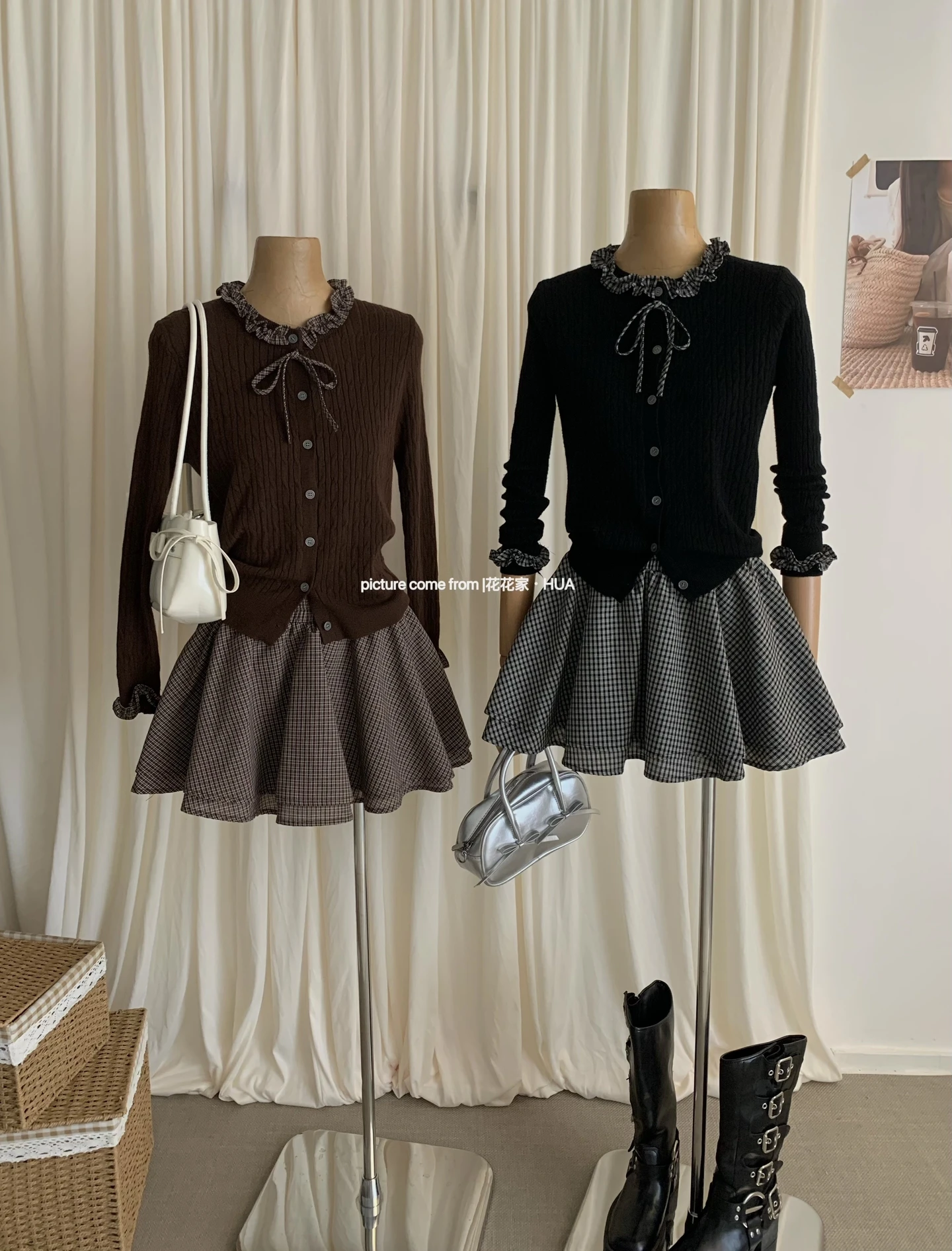 Ying Fashion Shop 學院風 蝴蝶結 綁帶針織衫 復古格蚊防走光 半身裙 兩件式套裝