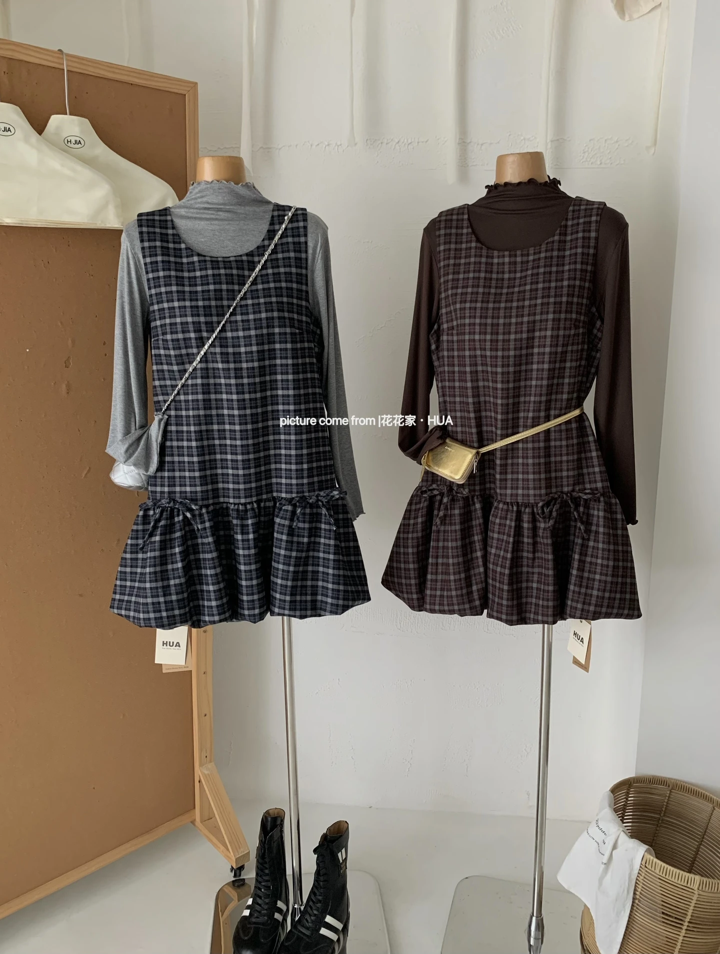Ying Fashion Shop 可愛兩件套 打底針織衫 格紋吊帶裙 蝴蝶結設計感 顯瘦百搭 花苞裙 兩件套