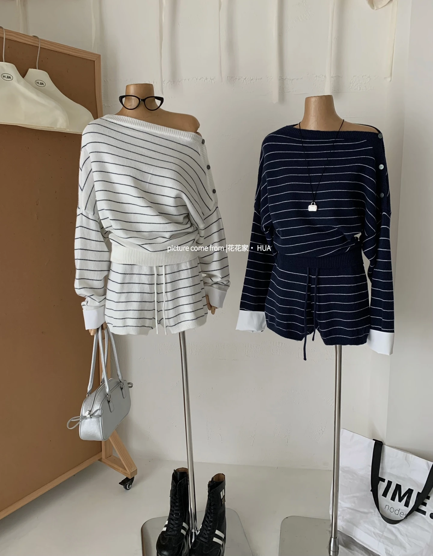 Ying Fashion Shop 氣質甜美 條紋寬鬆 斜肩針織上衣 寬鬆顯瘦慵懶風 兩件式套裝