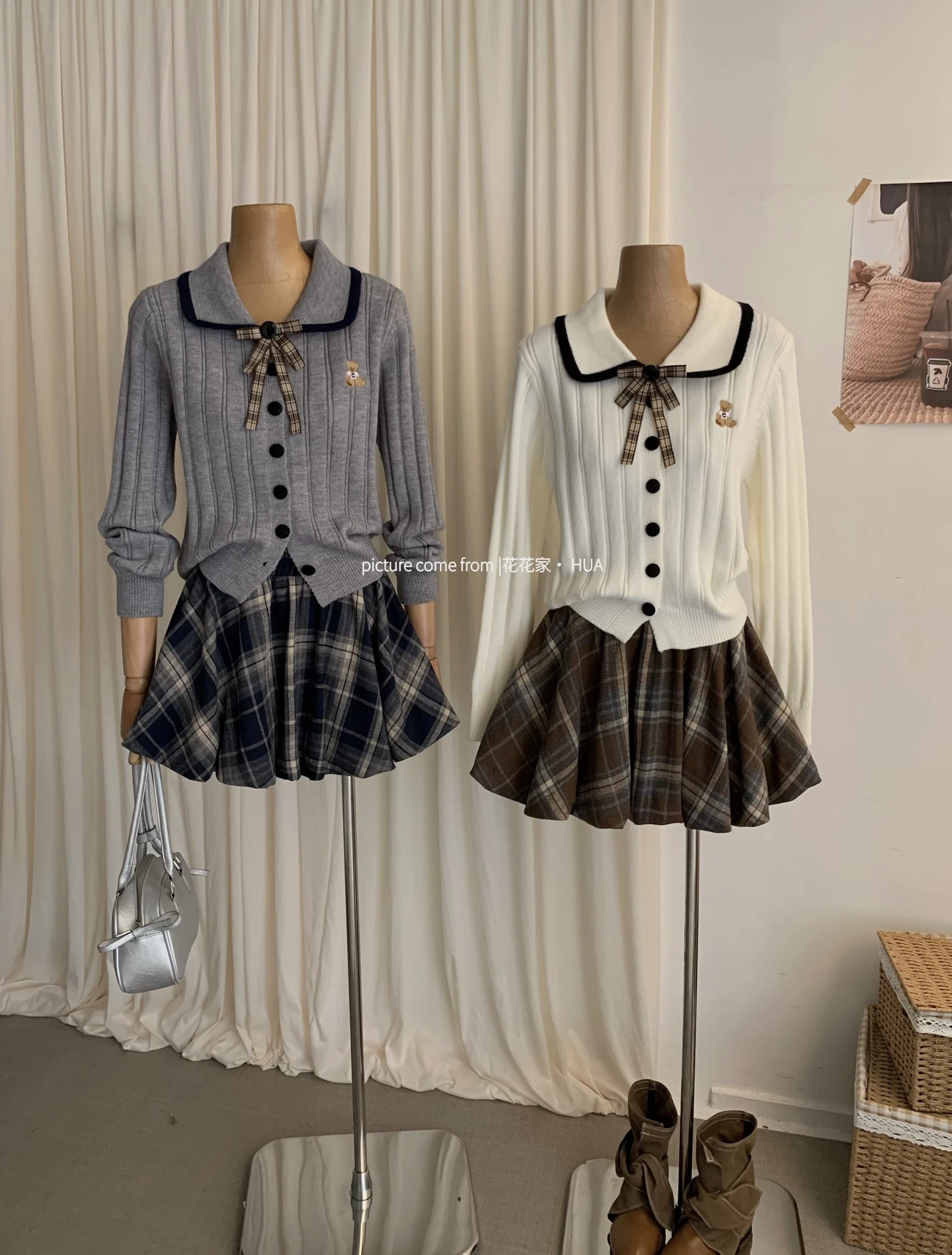 Ying Fashion Shop 學院風減齡套裝 針織開衫外套 蝴蝶結設計 格紋百褶裙 兩件式套裝