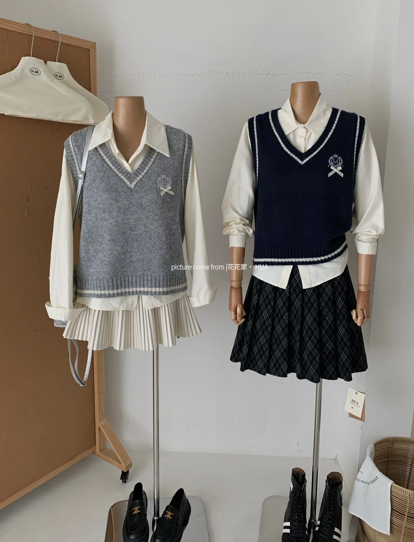 Ying Fashion Shop 高級感 學院風針織馬甲背心 長袖襯衫 時尚設計感 百搭兩件套
