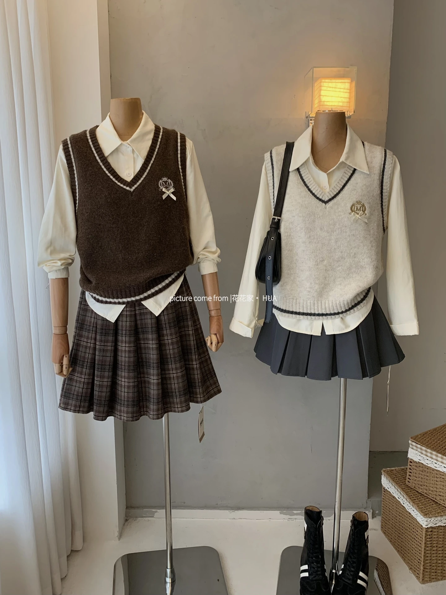 Ying Fashion Shop 高級感 學院風針織馬甲背心 長袖襯衫 時尚設計感 百搭兩件套