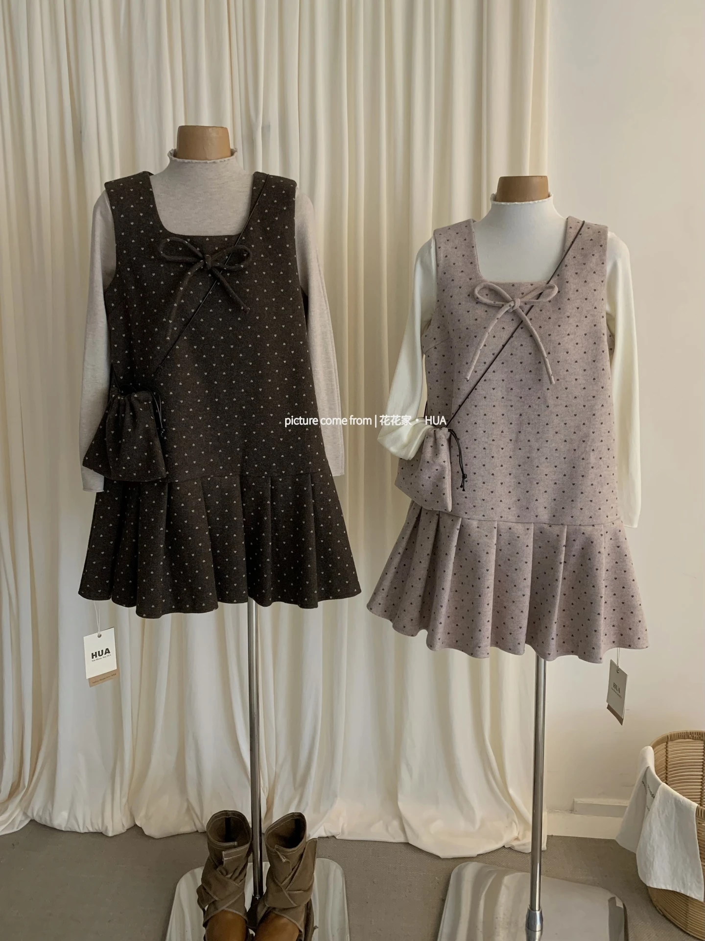 Ying Fashion Shop 高級毛呢背心洋裝 壓褶毛呢背心連衣裙 半高領打底上衣 長袖上衣 兩件式套裝