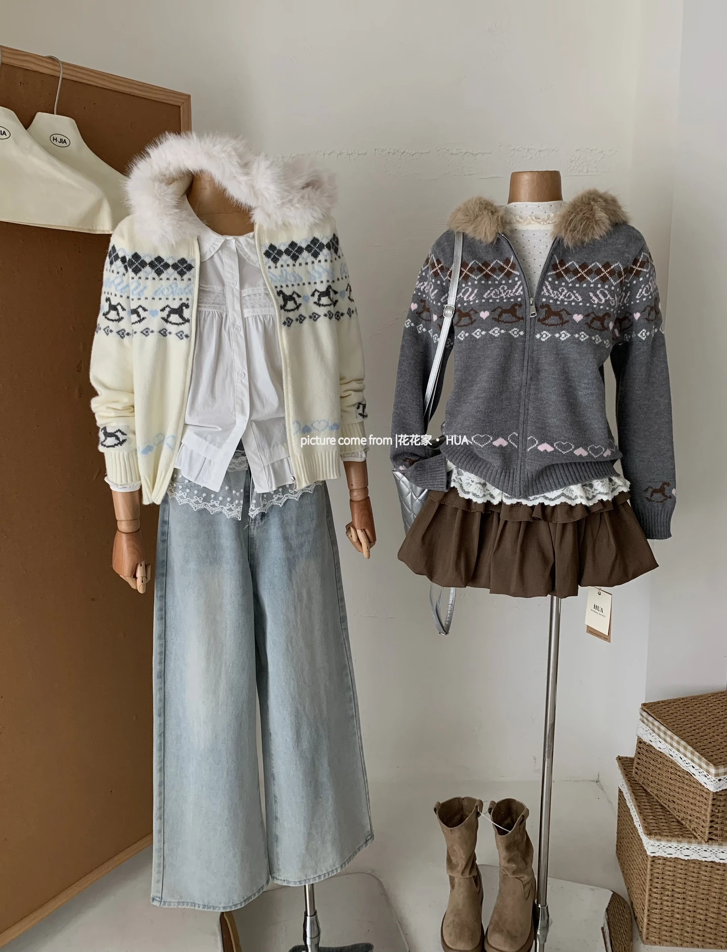 Ying Fashion Shop 費爾島緹花連帽外套 撞色大毛領連帽外套 針織衫外套 減齡毛衣外套