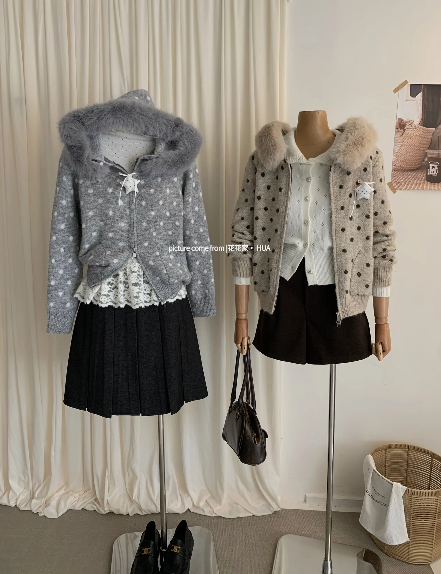 Ying Fashion Shop 慵懶風 開衫毛衣 毛領連帽外套 復古毛衣外套 針織連帽外套