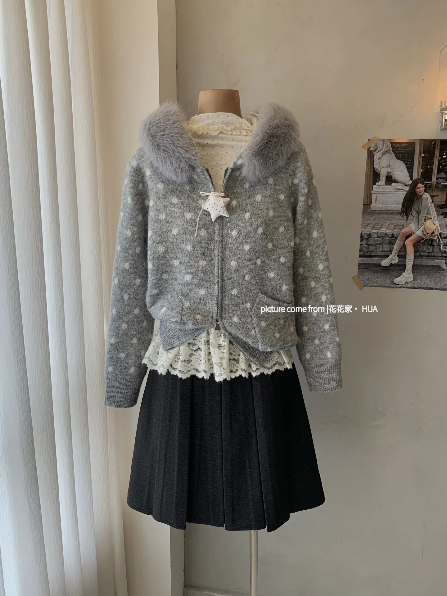 Ying Fashion Shop 慵懶風 開衫毛衣 毛領連帽外套 復古毛衣外套 針織連帽外套