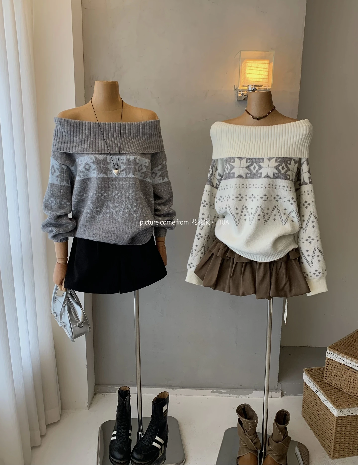 Ying Fashion Shop 慵懶感 費爾島 一字領針織毛衣 鬆弛感 露肩針織衫 一字領上衣