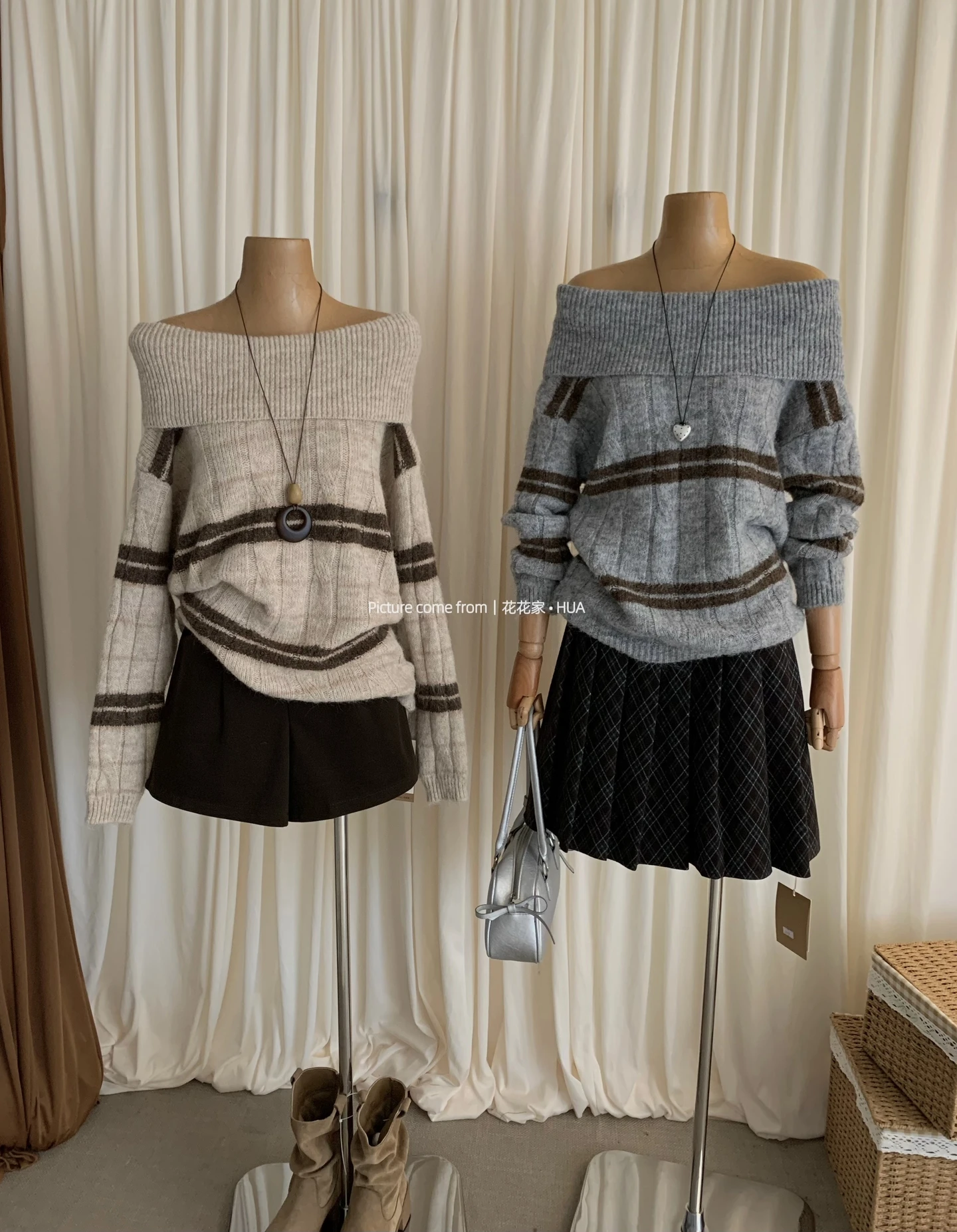 Ying Fashion Shop 慵懶風一字肩 針織上衣 條紋拚色條紋針織上衣 露肩毛衣 修身顯瘦 條紋針織衫