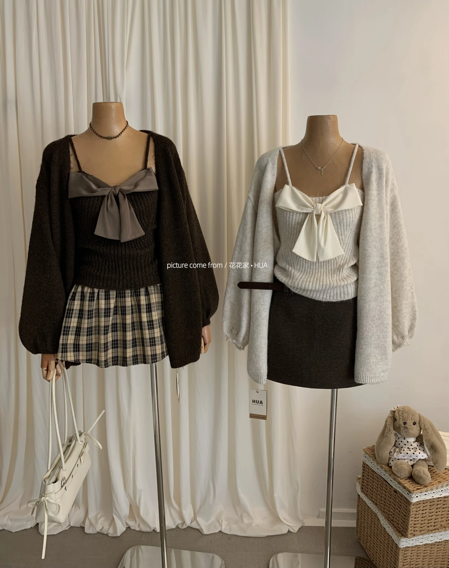 Ying Fashion Shop 可愛蝴蝶結吊帶背心 針織毛衣 開衫外套 兩件式套裝