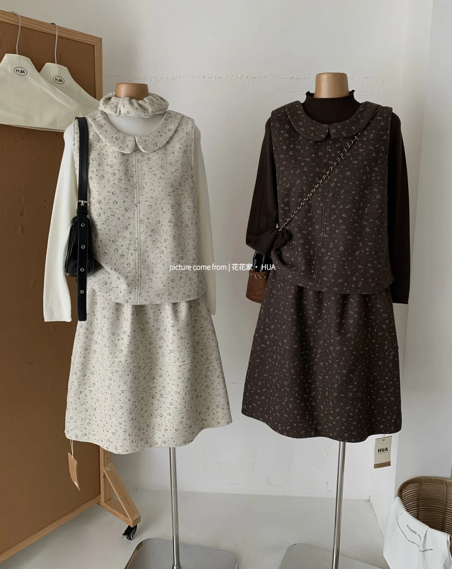 Ying Fashion Shop 韓系復古甜美碎花馬甲+高領打底衫+毛呢半身裙三件式套裝
