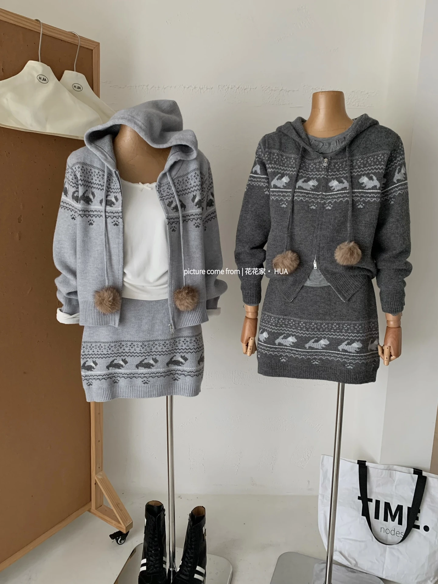 Ying Fashion Shop 麋鹿踏雪 灰色費爾島連帽針織開衫＋半身短裙兩件式套裝