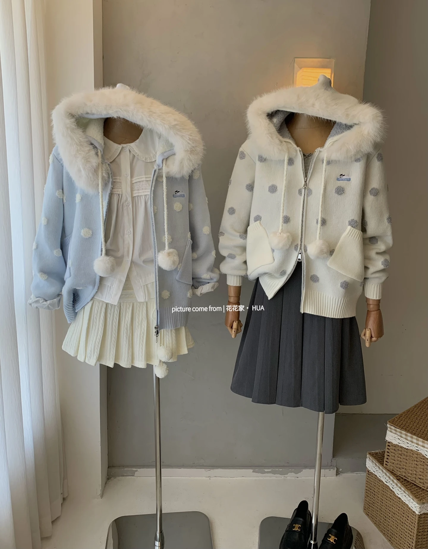 Ying Fashion Shop 韓系甜美毛領撞色波點連帽針織開衫外套