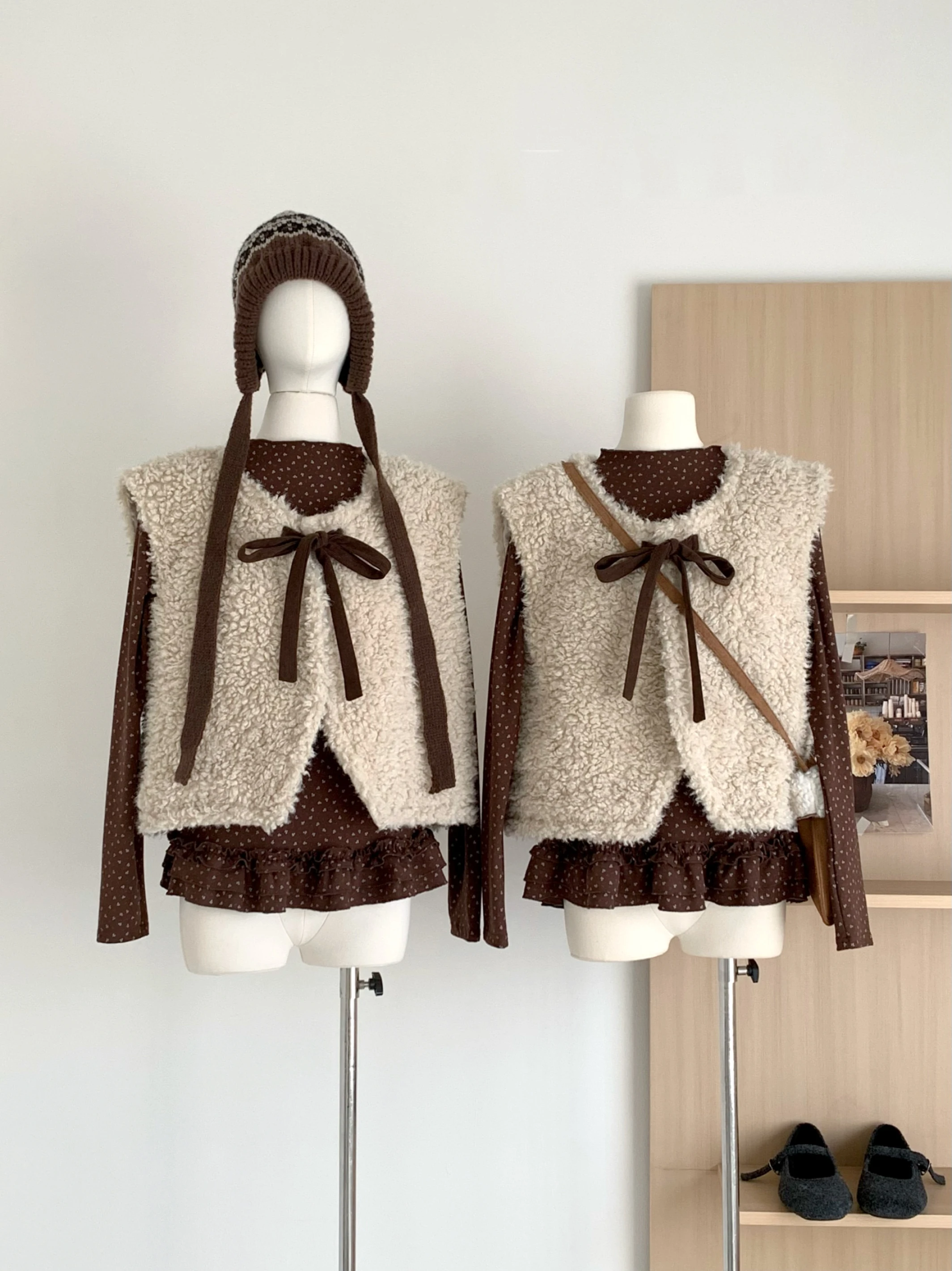 Ying Fashion Shop 韓系甜美毛毛坎肩馬甲+長袖上衣兩件式套裝