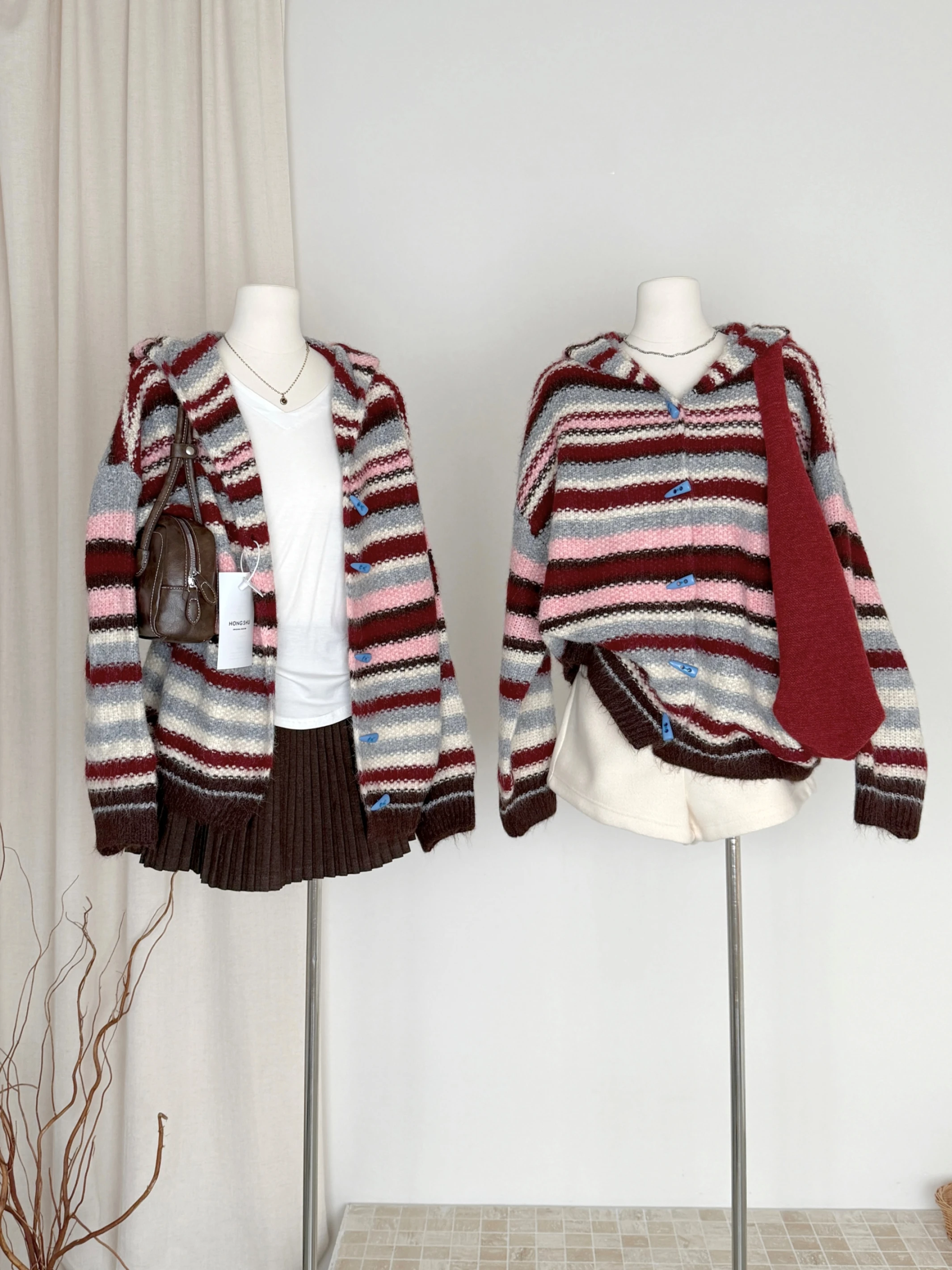 Ying Fashion Shop 韓系撞色條紋 紅色條紋 連帽針織開衫外套