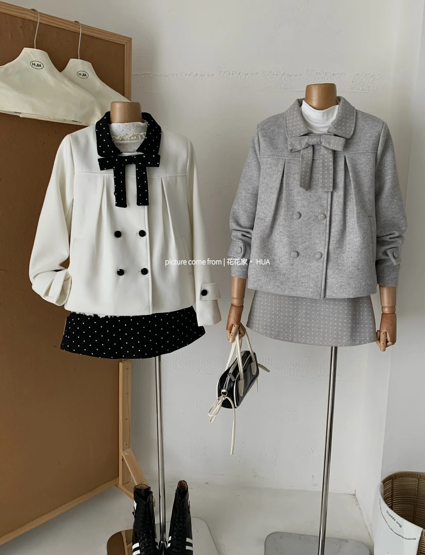 Ying Fashion Shop 韓系甜美提花拼接娃娃領外套+A字收腰半身短裙兩件式套裝