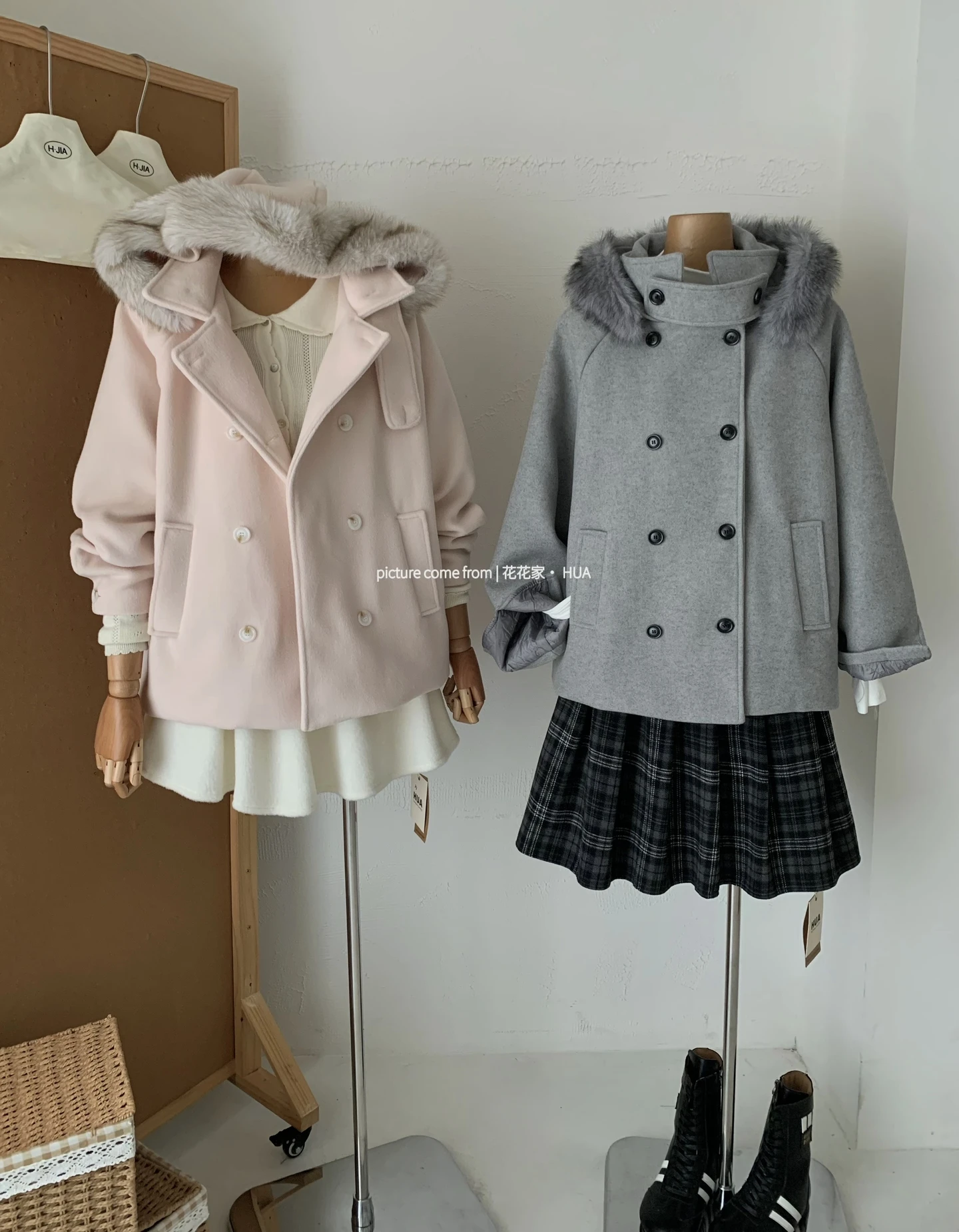 Ying Fashion Shop 甜美日系風 毛領雙排扣大衣 厚實保暖 復古顯瘦短版外套