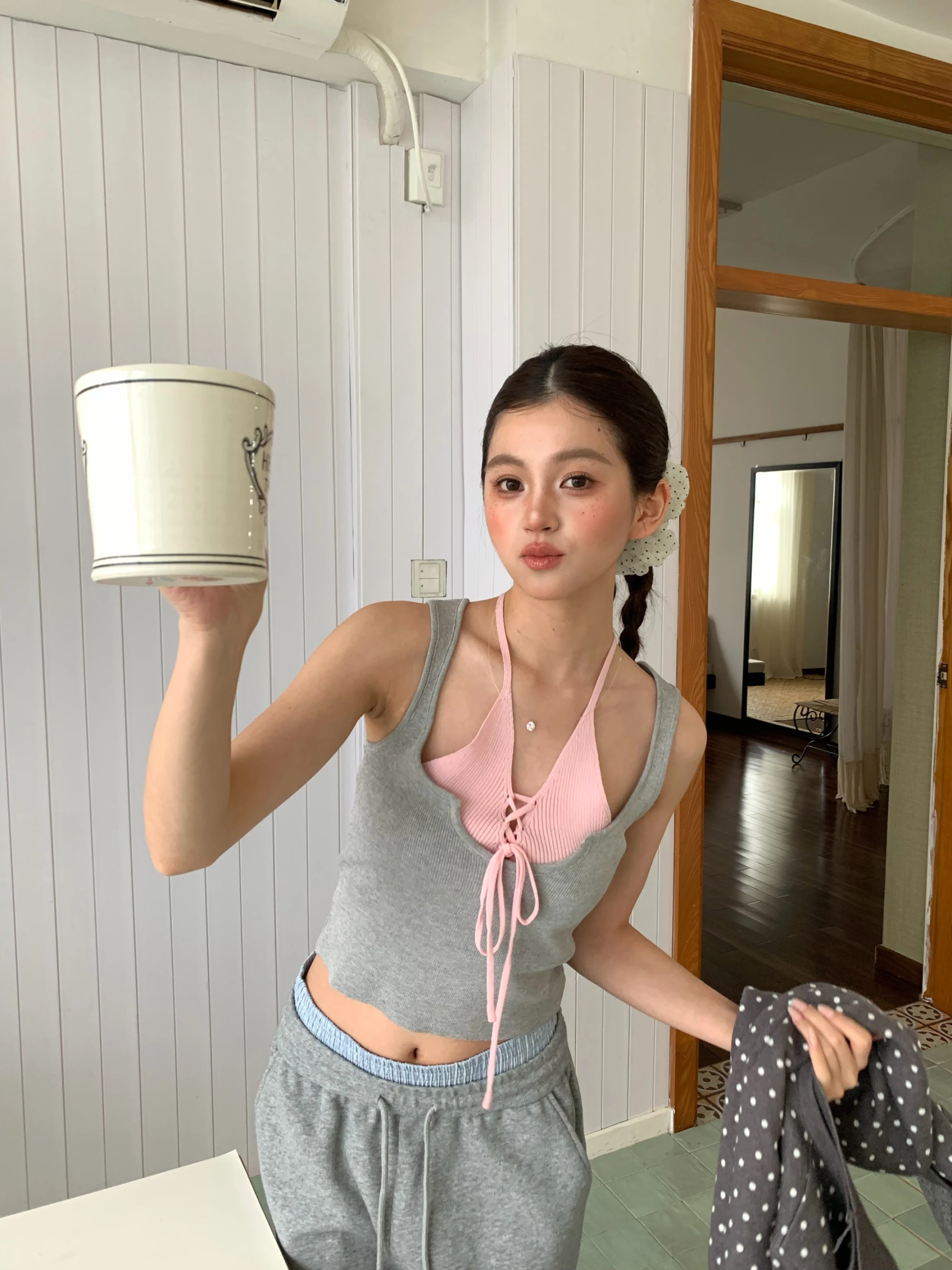 (現貨)MAY225 撞色假兩件針織背心_灰粉
