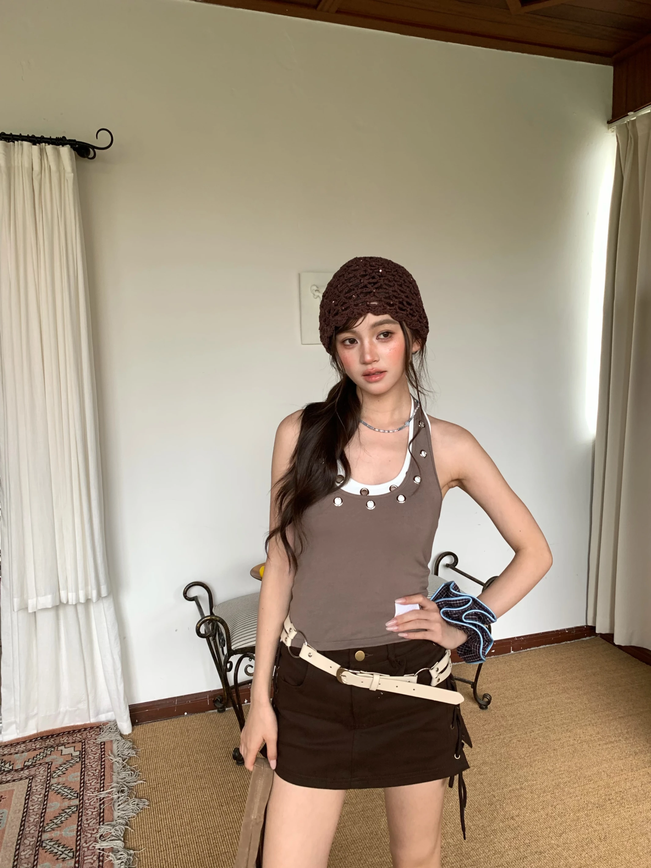 (現貨)MAY226 側綁帶純色牛仔短裙_咖