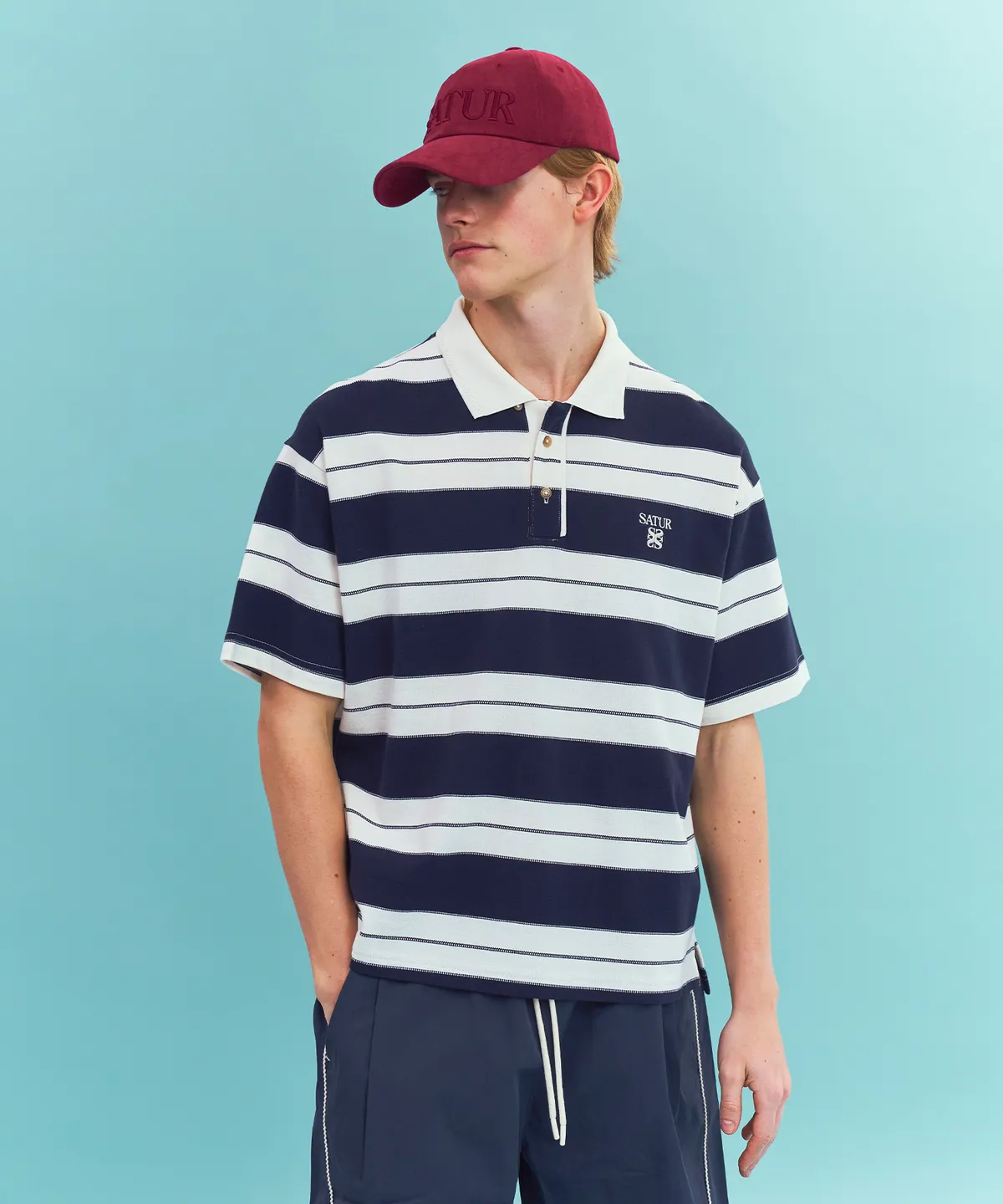SATUR條紋翻領短袖 Polo  男女通穿款
