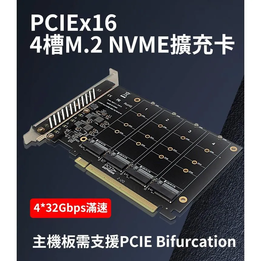 PCIEx16 轉 NVME 4槽 信號拆分卡 Bifurcation 軟體陣列卡