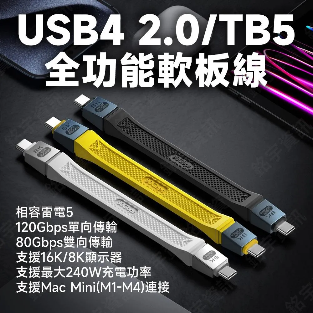 USB4 2.0 全功能 FPC 軟板線 相容雷電5 120Gbps 80Gbps 16K/8K 240W