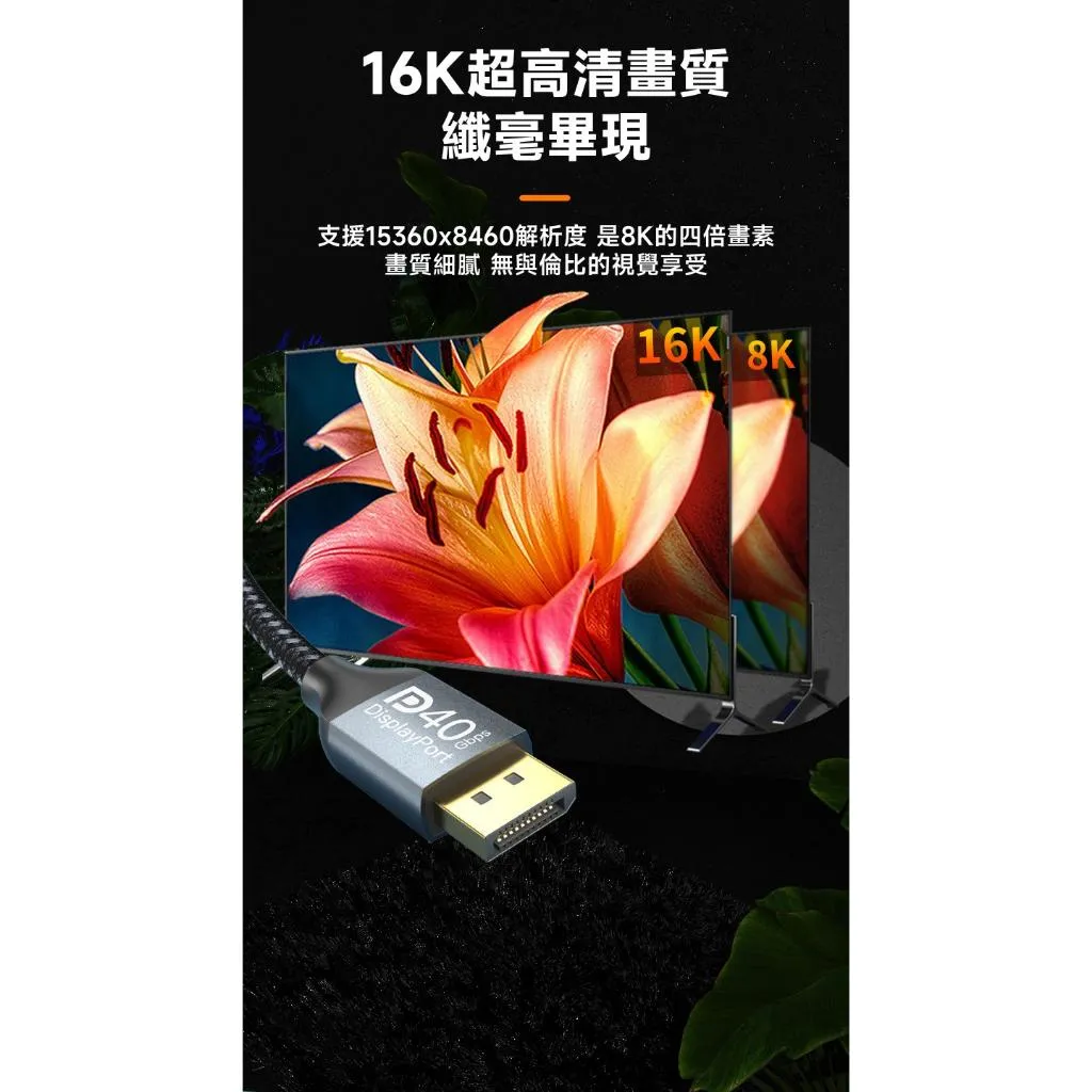 DP2.1 40Gbps 16K/60Hz 8K/240Hz VESA協會認證 公對公 高清傳輸線