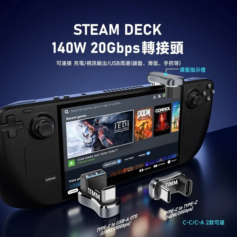 USB C公C母 20Gb C公A母 10Gb Steam Deck 180度U型鋁合金轉接頭 帶指示燈