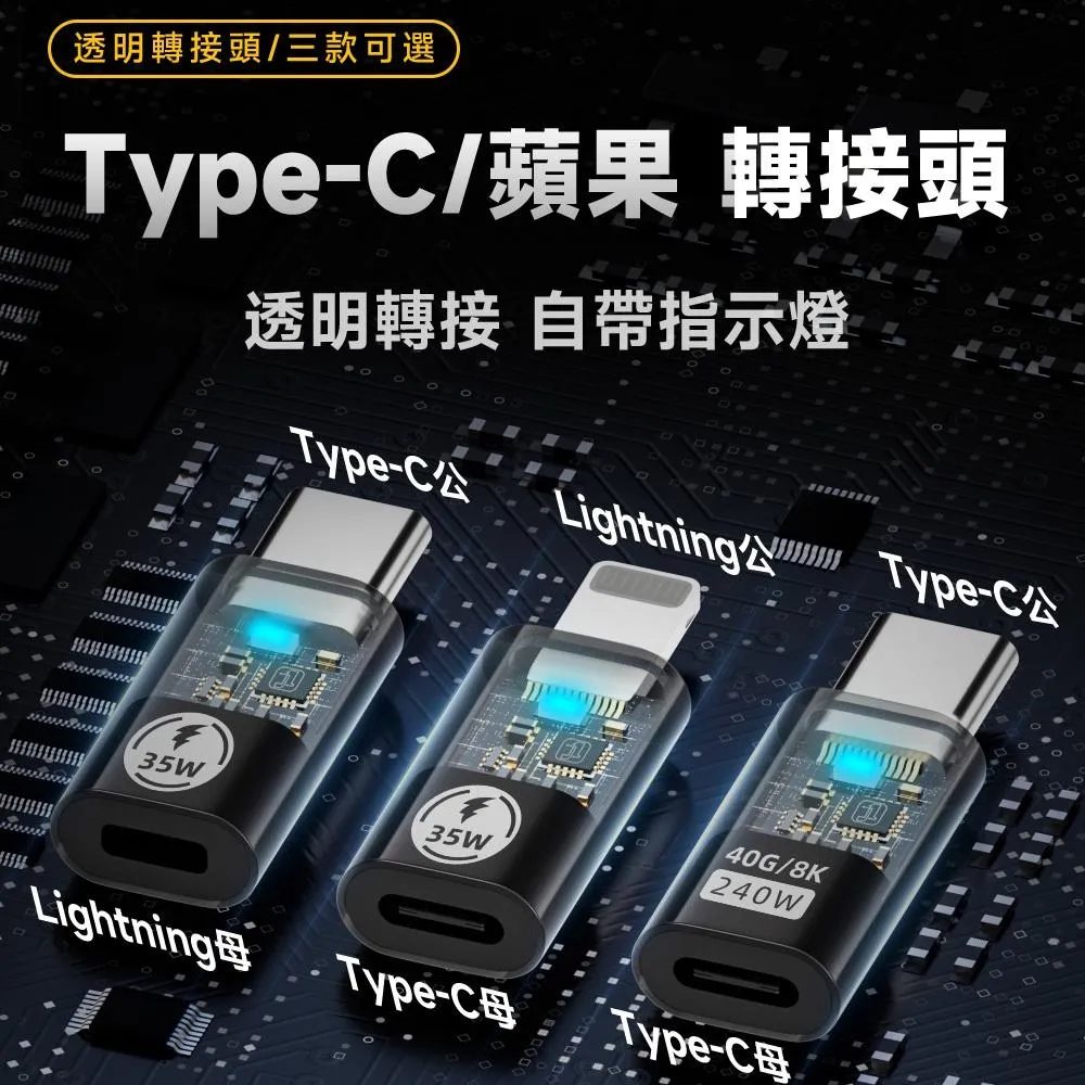 數顯 透視設計 蘋果轉USB-C Type-C PD 35W 轉接頭 自動斷電 透明帶燈/數位功率顯示高質感