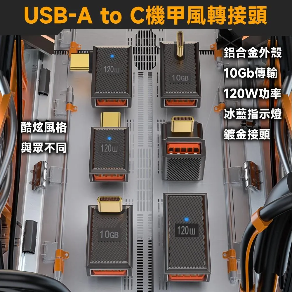 USB-A to C 機甲風轉接頭 10Gb 120W 6A 鋁合金外殼