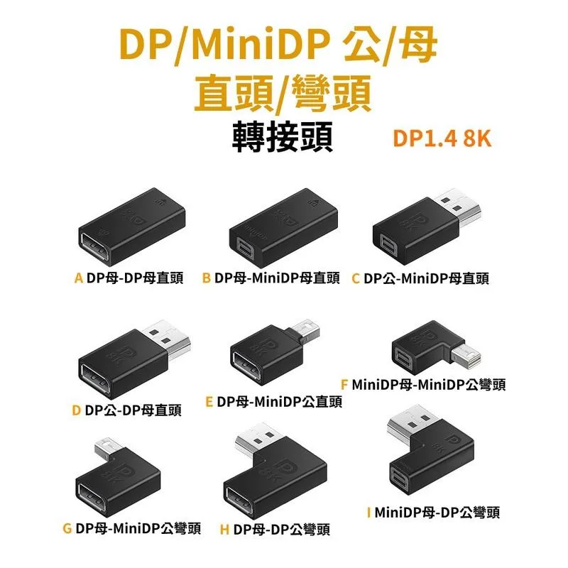DP1.4 8K DP/MiniDP 公/母 直頭/彎頭 轉接頭 大亂鬥