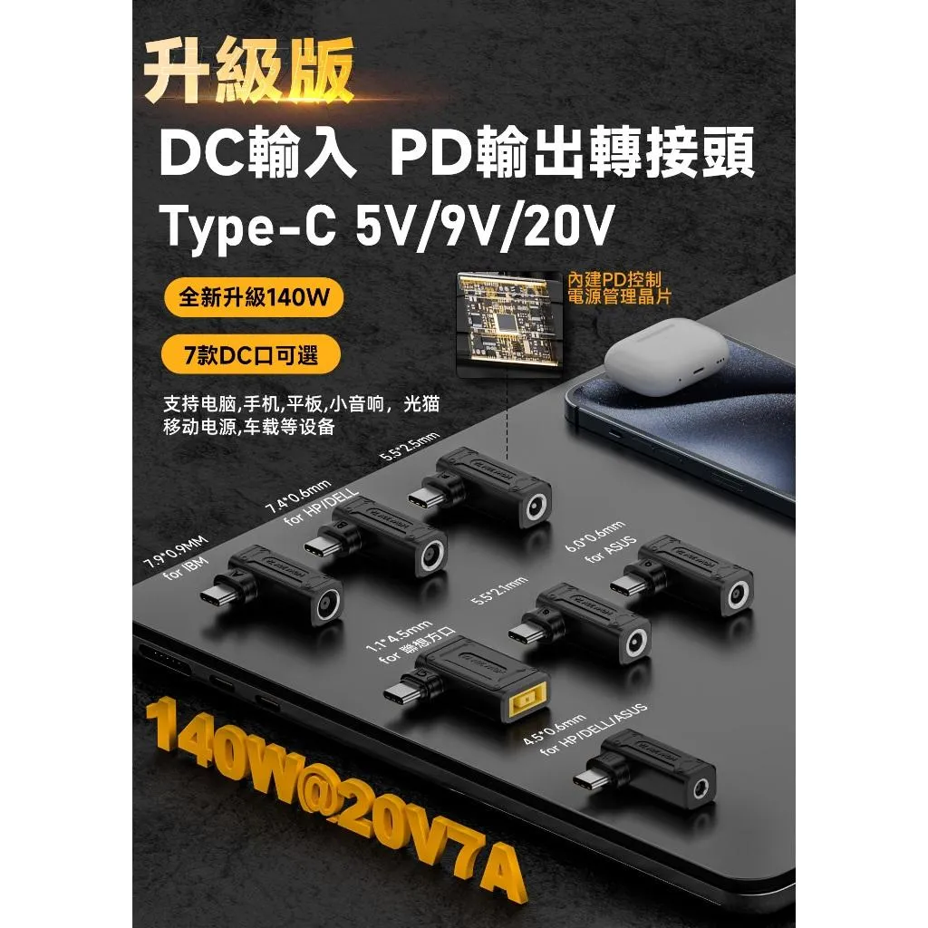 DC母 15~20.5V 轉Type-C公 PD 5/9/20v 7A 140w 舊筆電變壓器重獲新生
