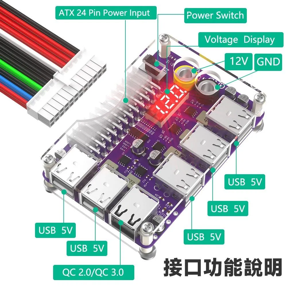 ATX 24P 電源分線板 12埠USB 5V2A 與 QC 2.0/3.0 以及 12V DC輸出