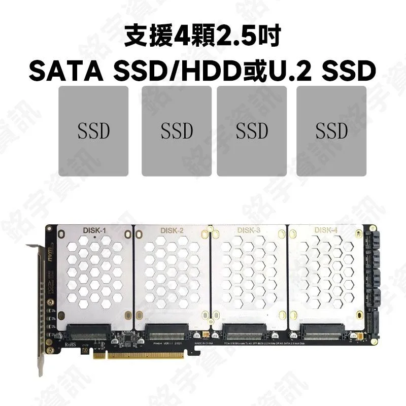 PCIE 4.0 x16 轉 SFF8639 U.2 NVME和SATA 2.5吋 4碟 PCIE4.0拆分卡