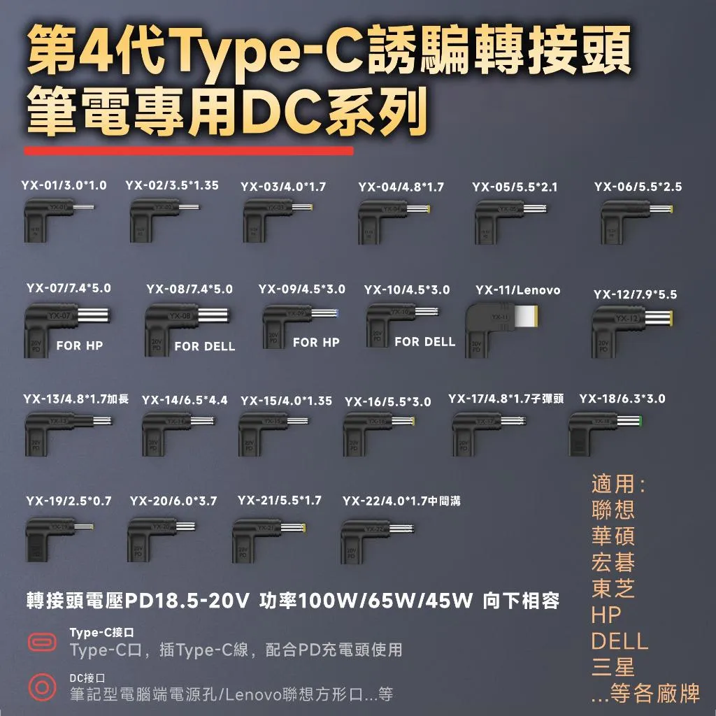 第四代 PD誘導轉筆電DC 充電轉接頭 18.5-20V 100W 22款任選 各廠牌適用